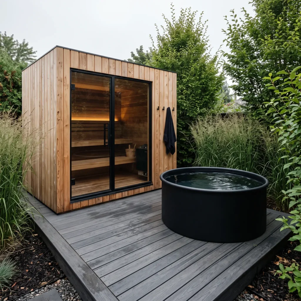 Backyard wellness patio featuring a modern glass-front timber sauna and a cold plunge tub on composite decking.