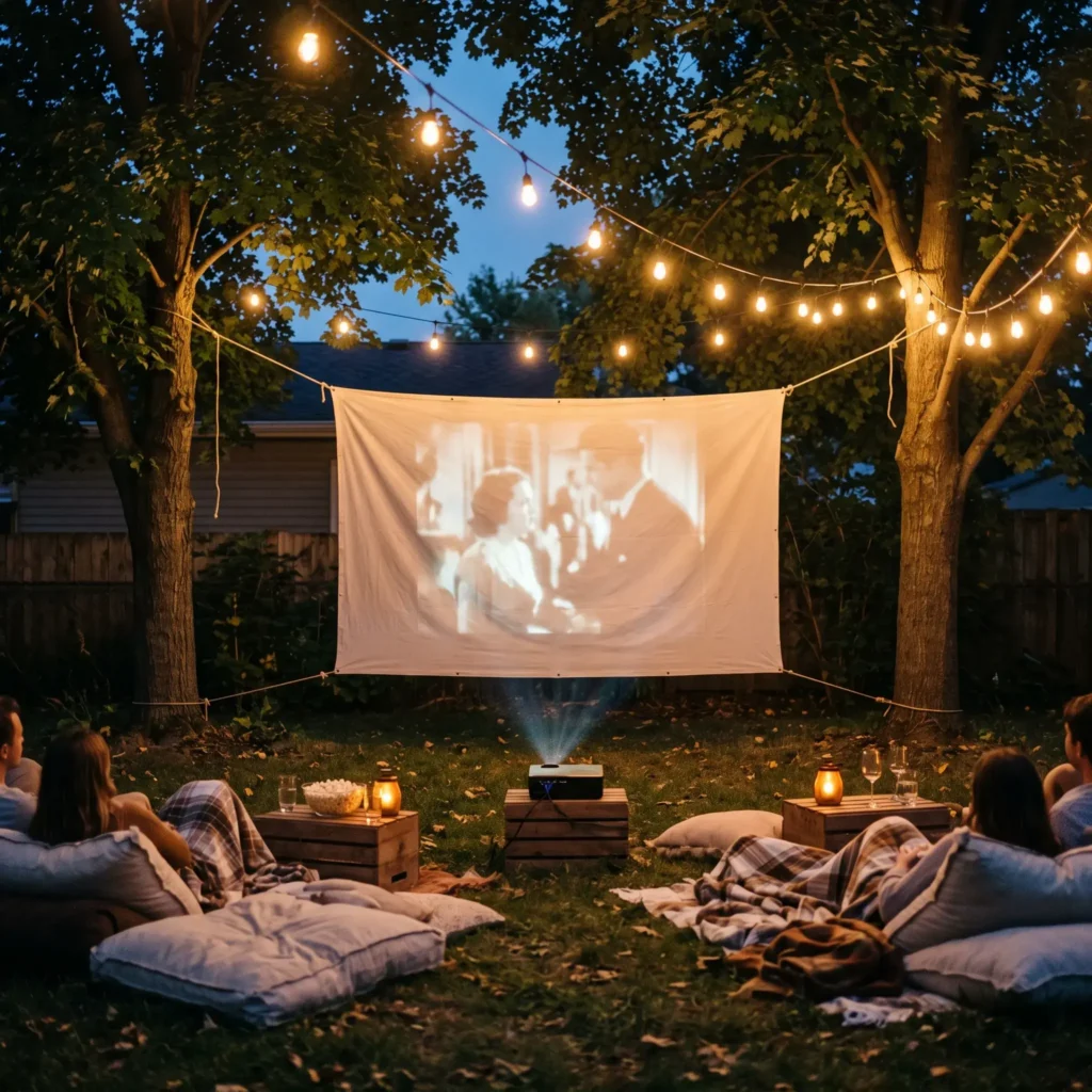 Backyard lawn movie screening setup with canvas cushions, throw blankets, and string lights at dusk.