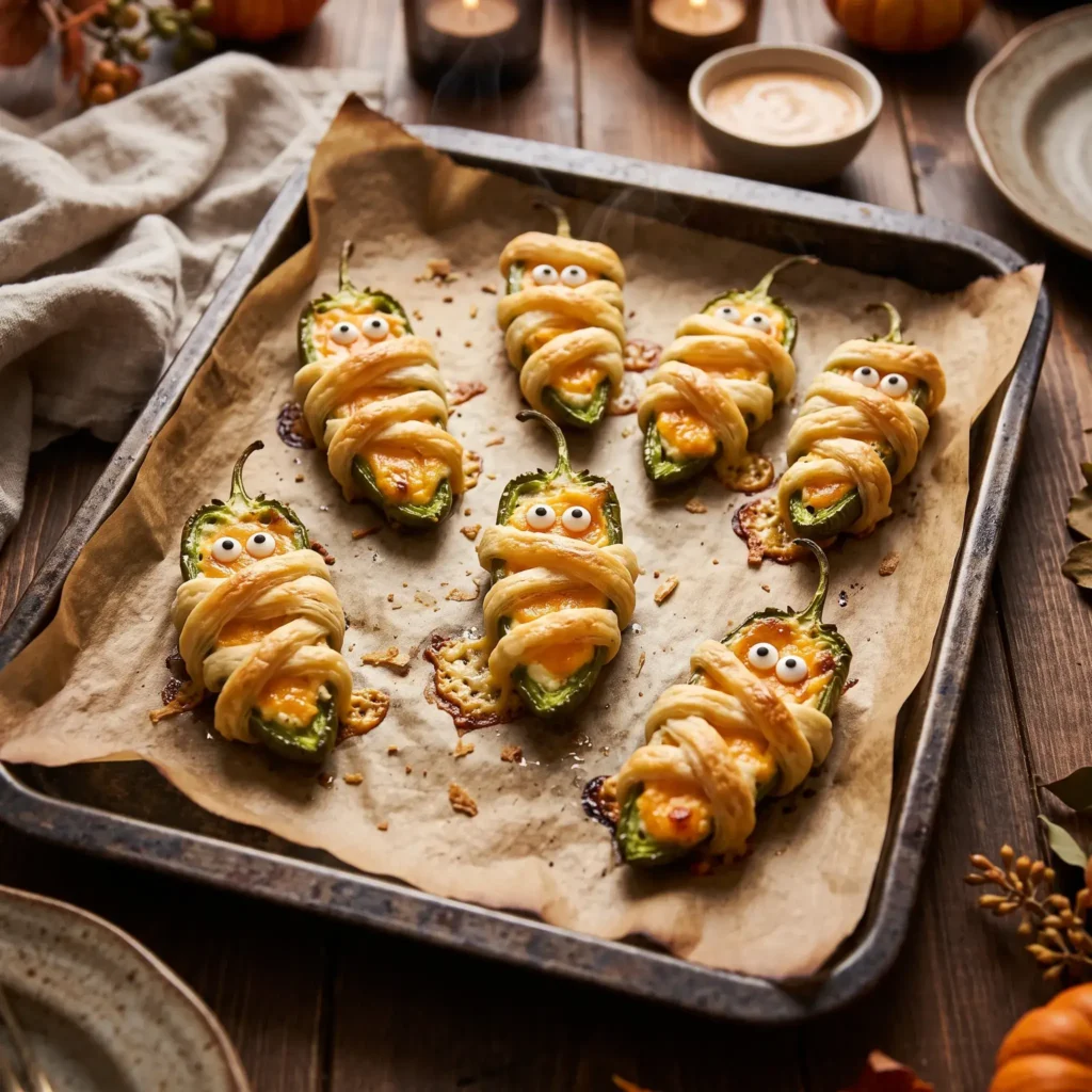 Baked jalapeño poppers wrapped in crescent dough bandages with candy eyes on a baking sheet.