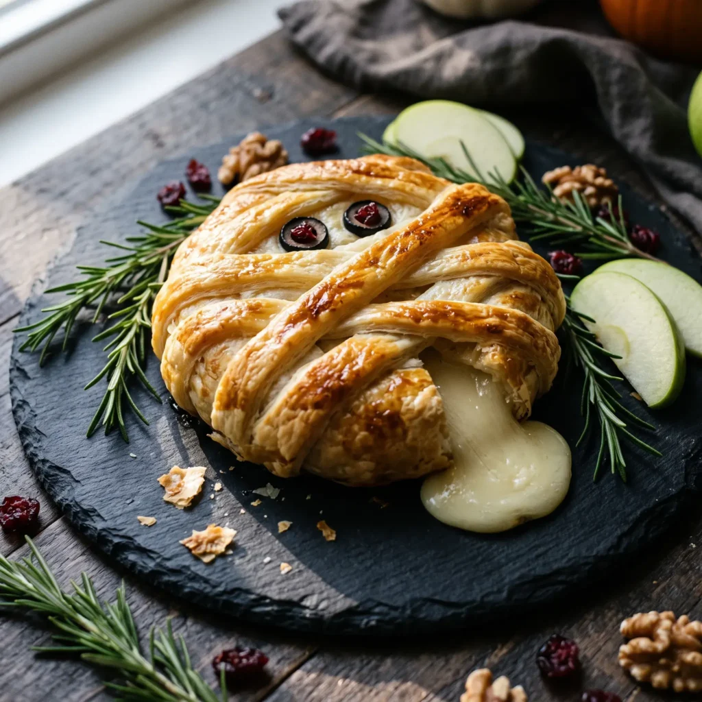 Golden baked mummy brie wrapped in puff pastry strips with olive slice eyes on a black slate tray.