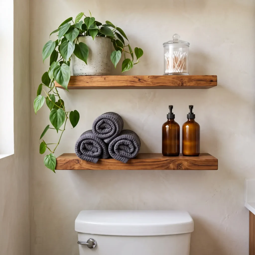 Warm teak floating shelves mounted over a toilet holding folded towels, amber bottles, and a trailing plant.
