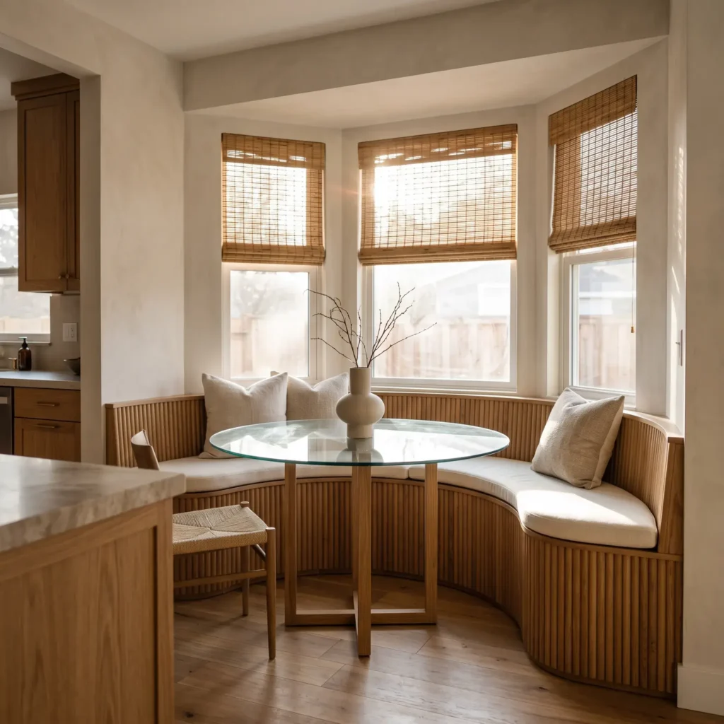 Curved breakfast nook bench built into a kitchen bay window with vertical fluted oak tambour paneling.
