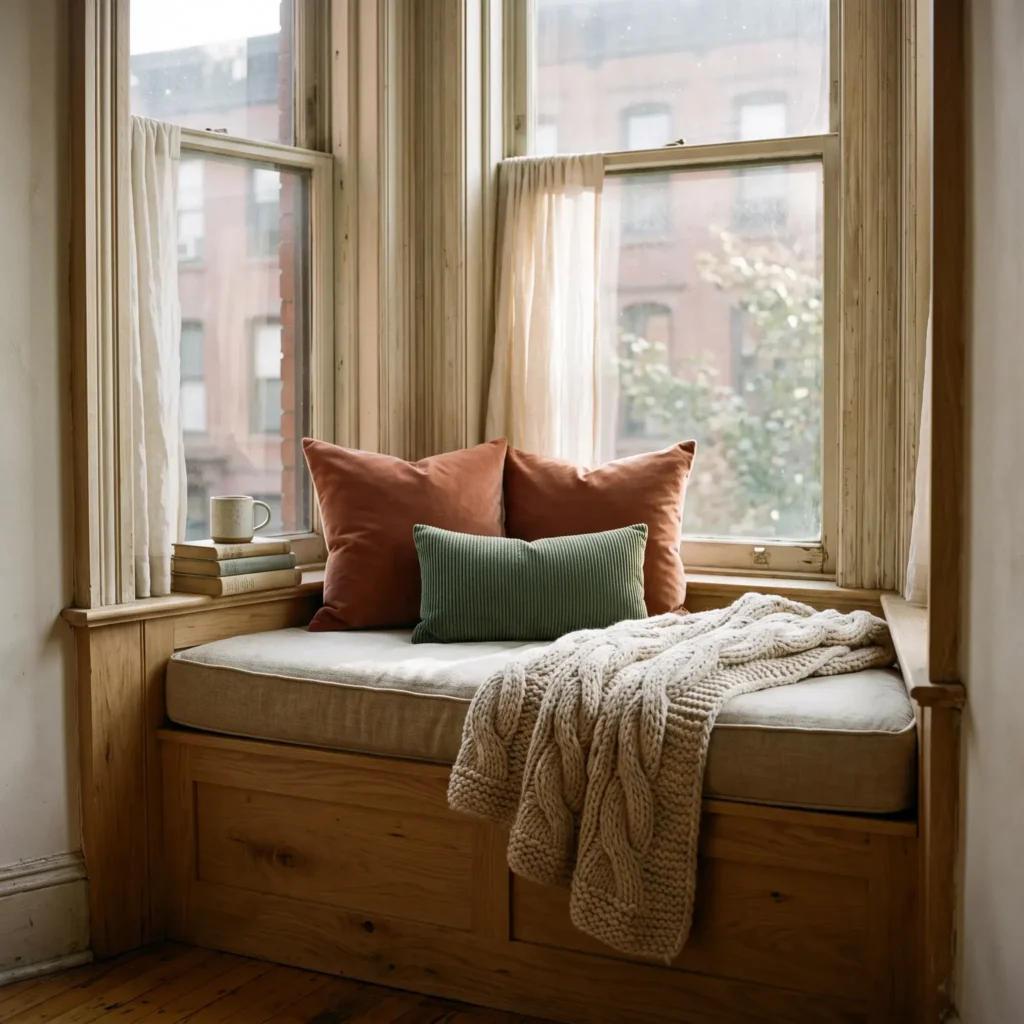 Built-in oak bay window reading bench with an ivory linen cushion, rust-colored velvet pillows, and a thick cable-knit wool blanket.