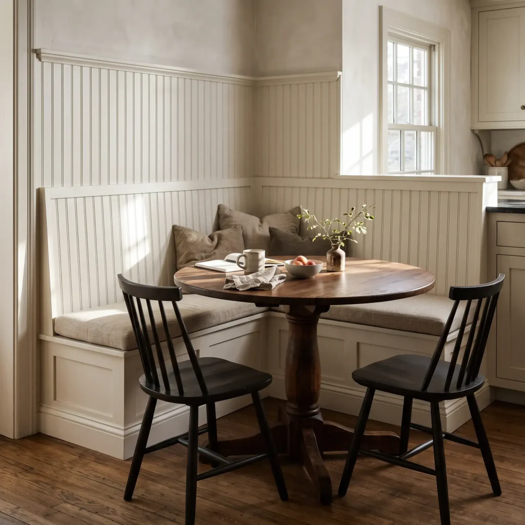 Built-in kitchen breakfast nook with white beadboard paneling and bench seating wrapped in matching baseboard trim.
