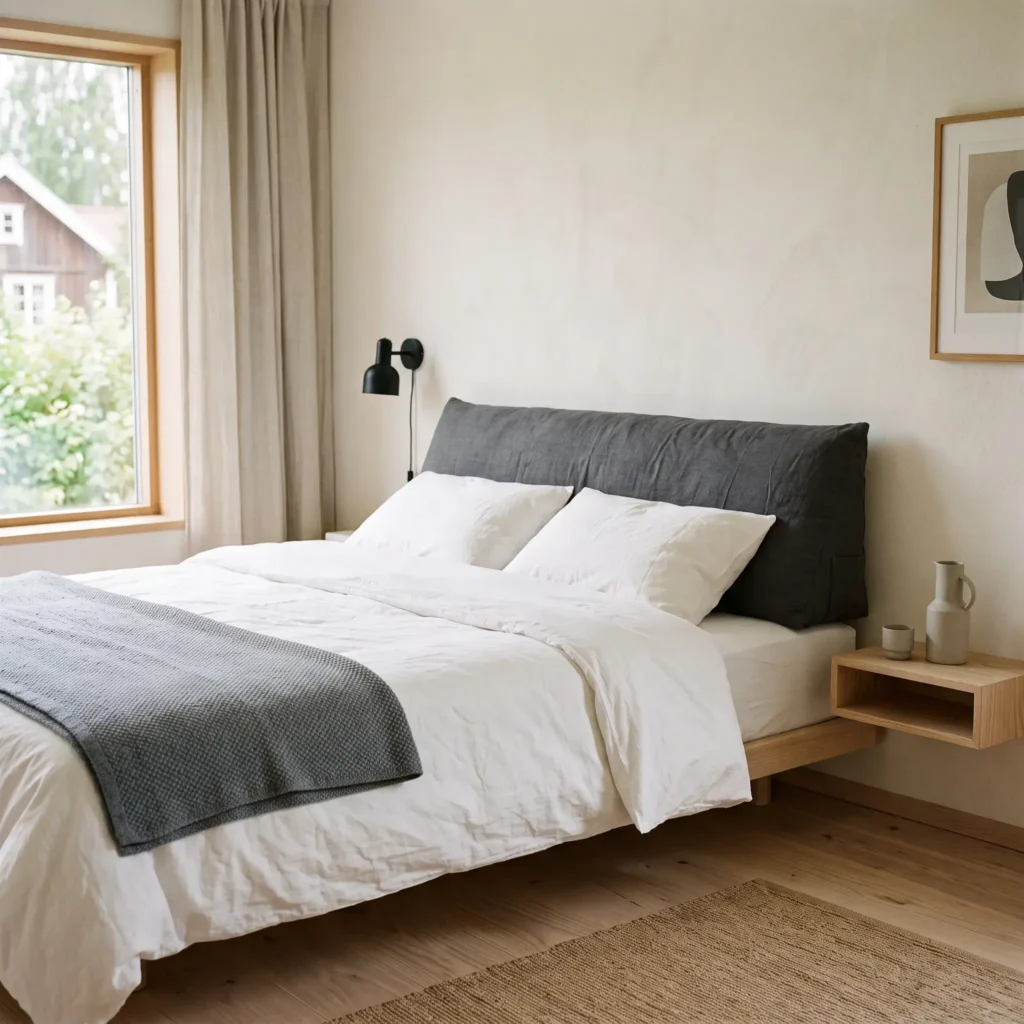Charcoal gray linen wedge headboard pillow resting on a queen mattress against a white wall.