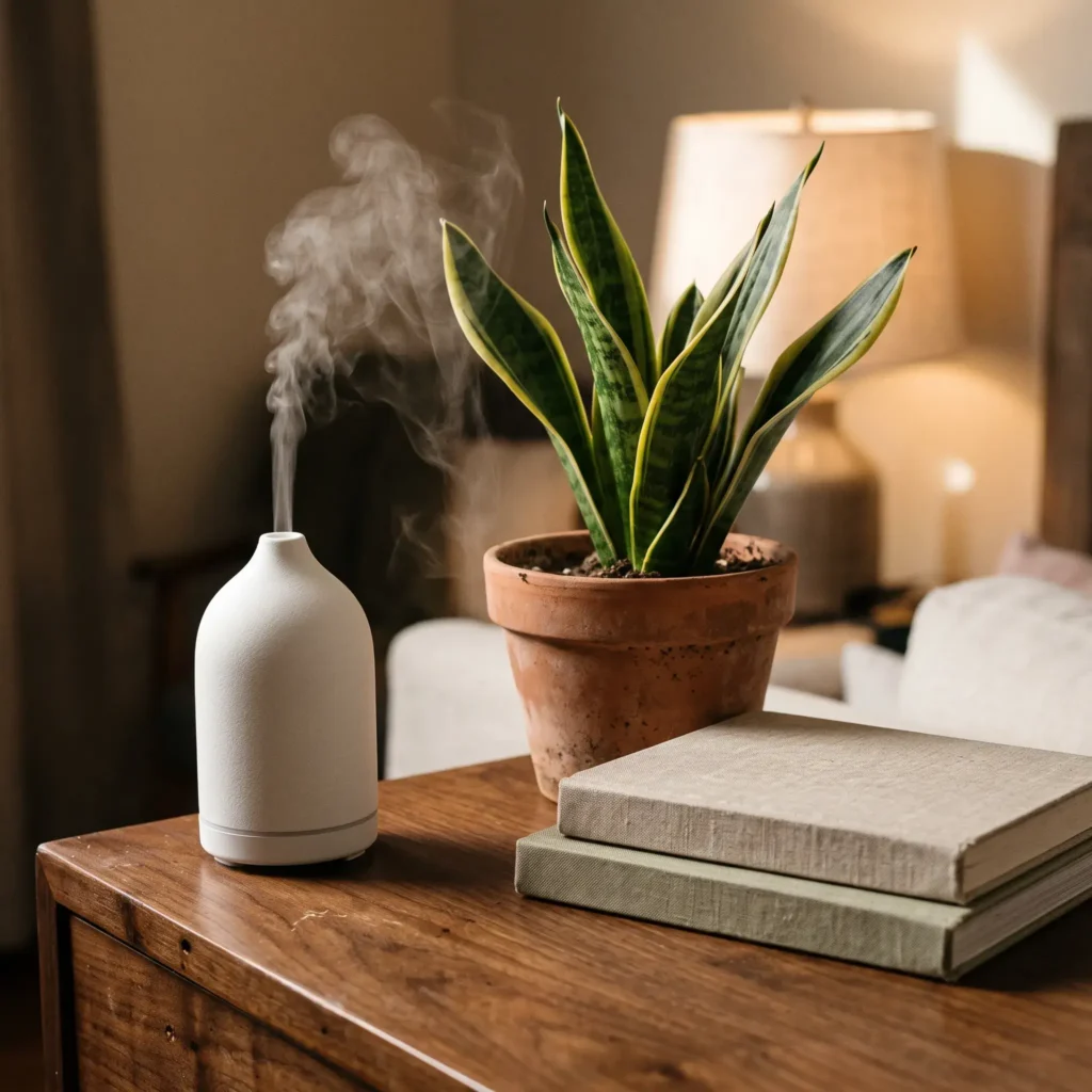 Ceramic ultrasonic oil diffuser and snake plant on a wooden dresser beside a cozy bed.