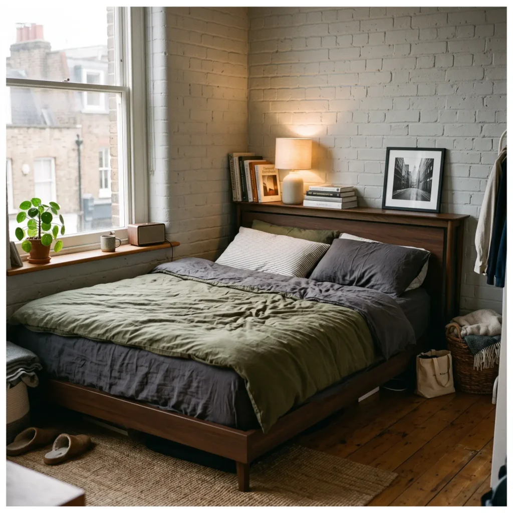 Narrow dark oak console table positioned between a queen bed and the wall as a headboard shelf.