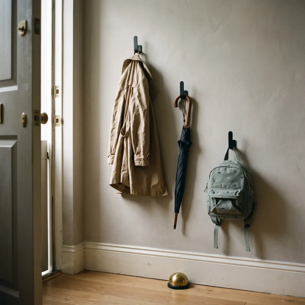 Staggered wall hooks behind an open front door providing flat coat storage without hitting the door swing.
