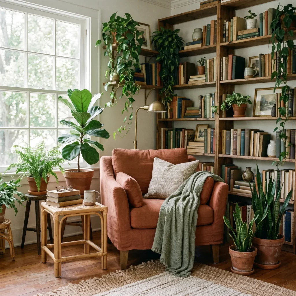 Cozy reading corner with terracotta wall pot, oversized linen armchair, and tall indoor potted olive tree