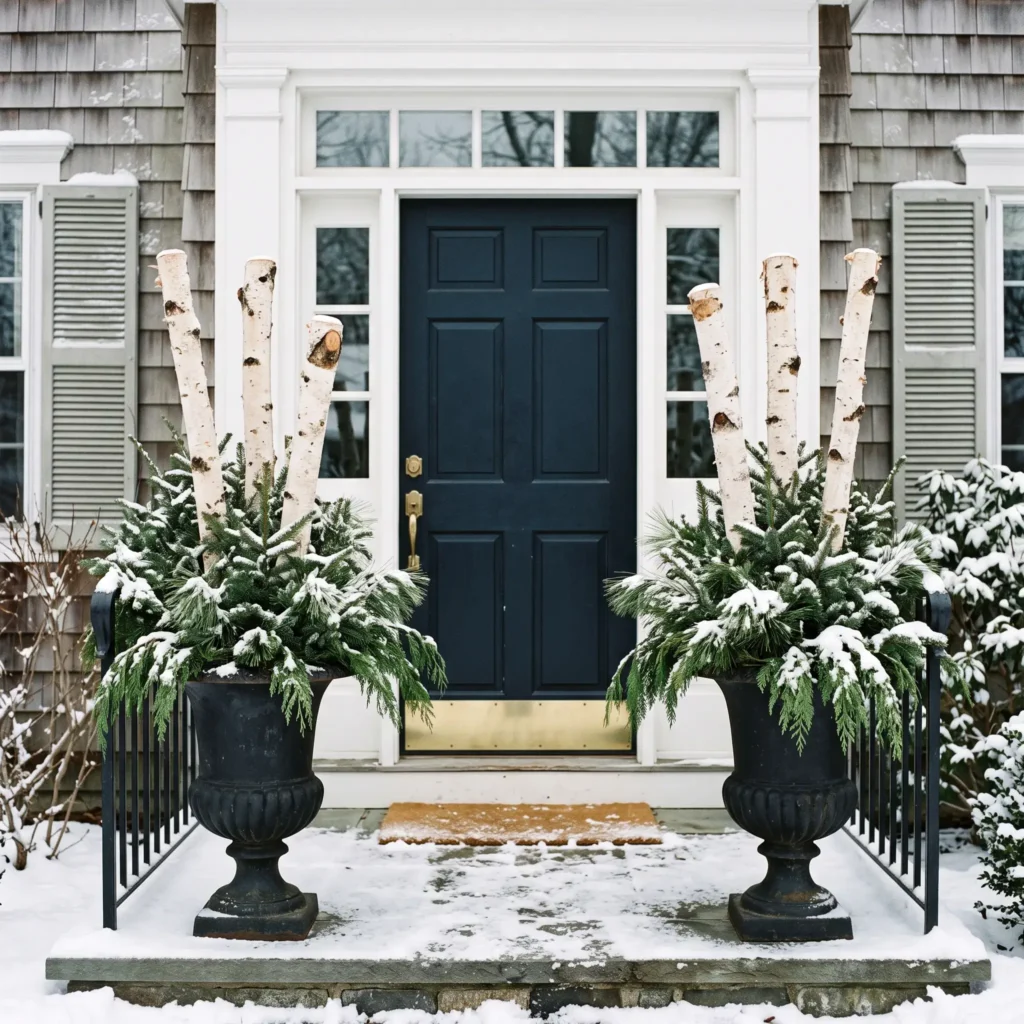 Symmetrical black front porch urns filled with tall white birch poles and mixed evergreen branches after Christmas.