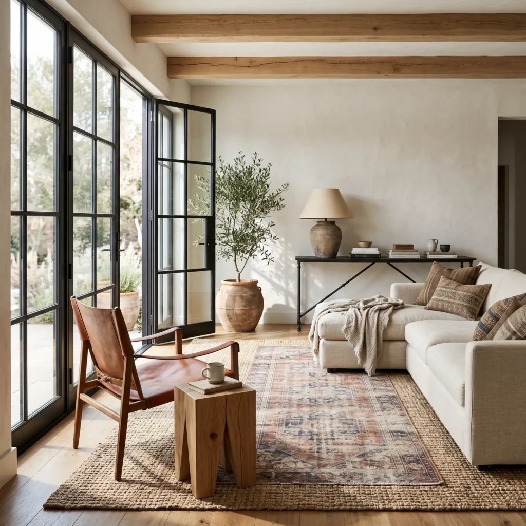 Modern rustic living space featuring black steel French doors, a cognac leather accent chair, and layered rugs.