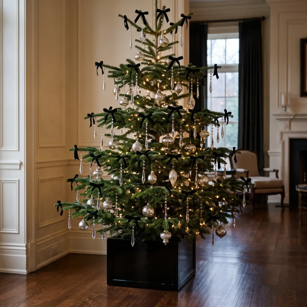 Elegant black tie Ralph Lauren Christmas tree decorated with black velvet bows and sparkling cut crystal drops.