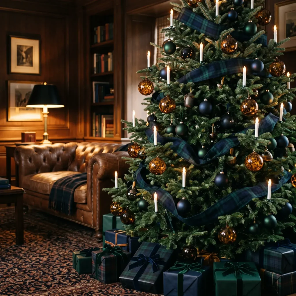 Moody Ralph Lauren Christmas tree styled with Black Watch plaid ribbon and amber tortoiseshell glass ornaments.
