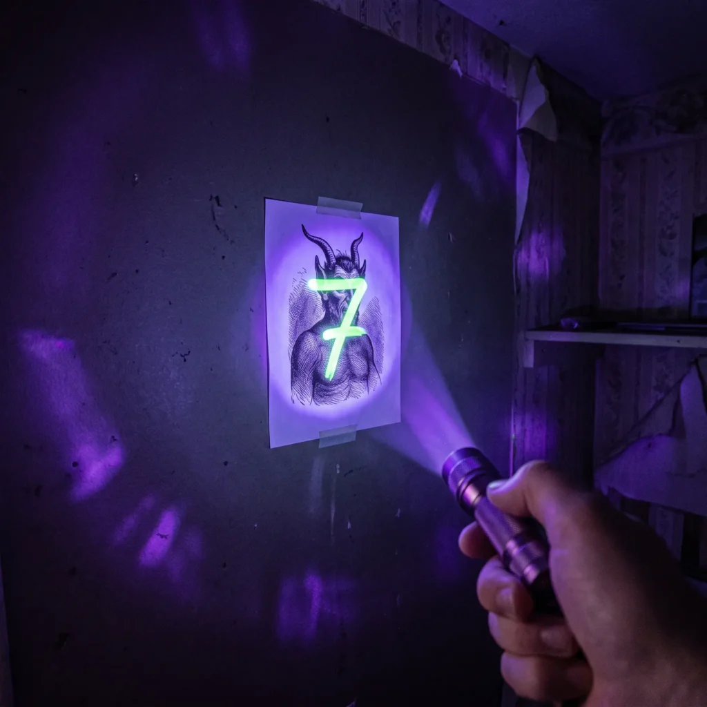 Hand holding a small purple UV flashlight shining on a wall to reveal glowing invisible numbers