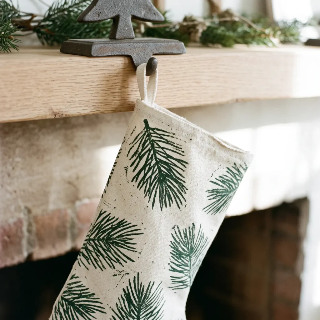 Hand stamped white canvas holiday stocking with dark green botanical pine needle print.