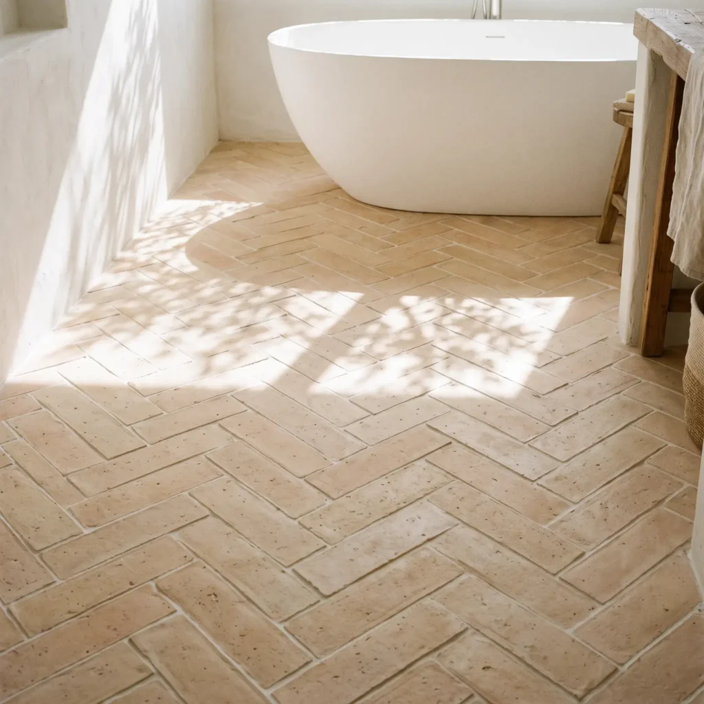 Unglazed pale blonde terracotta parquet floor tiles in an airy master bathroom with freestanding tub