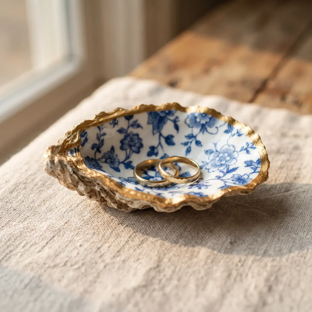 Decoupage oyster shell trinket dish with blue and white Chinoiserie floral pattern and a painted gold rim holding gold rings.
