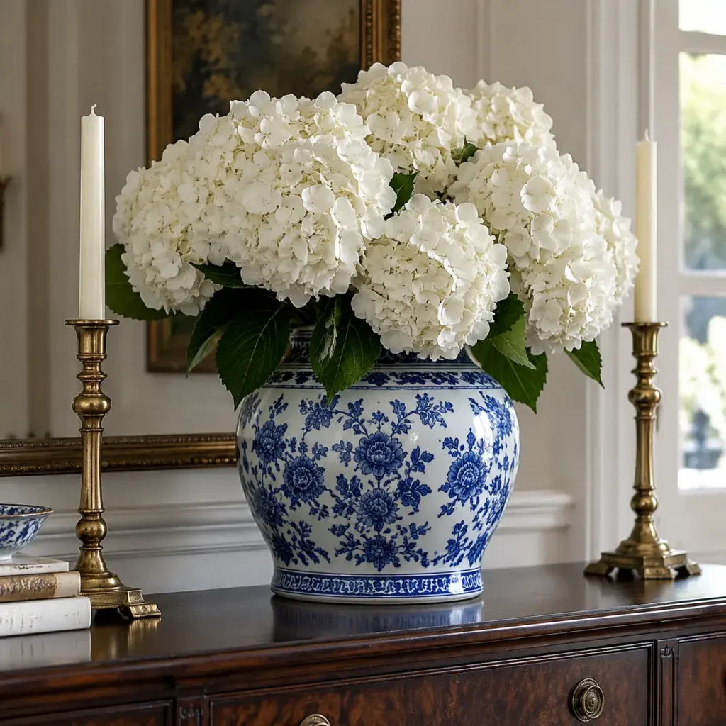Large blue and white porcelain ginger jar filled with tightly packed white hydrangeas on an antique wood console.