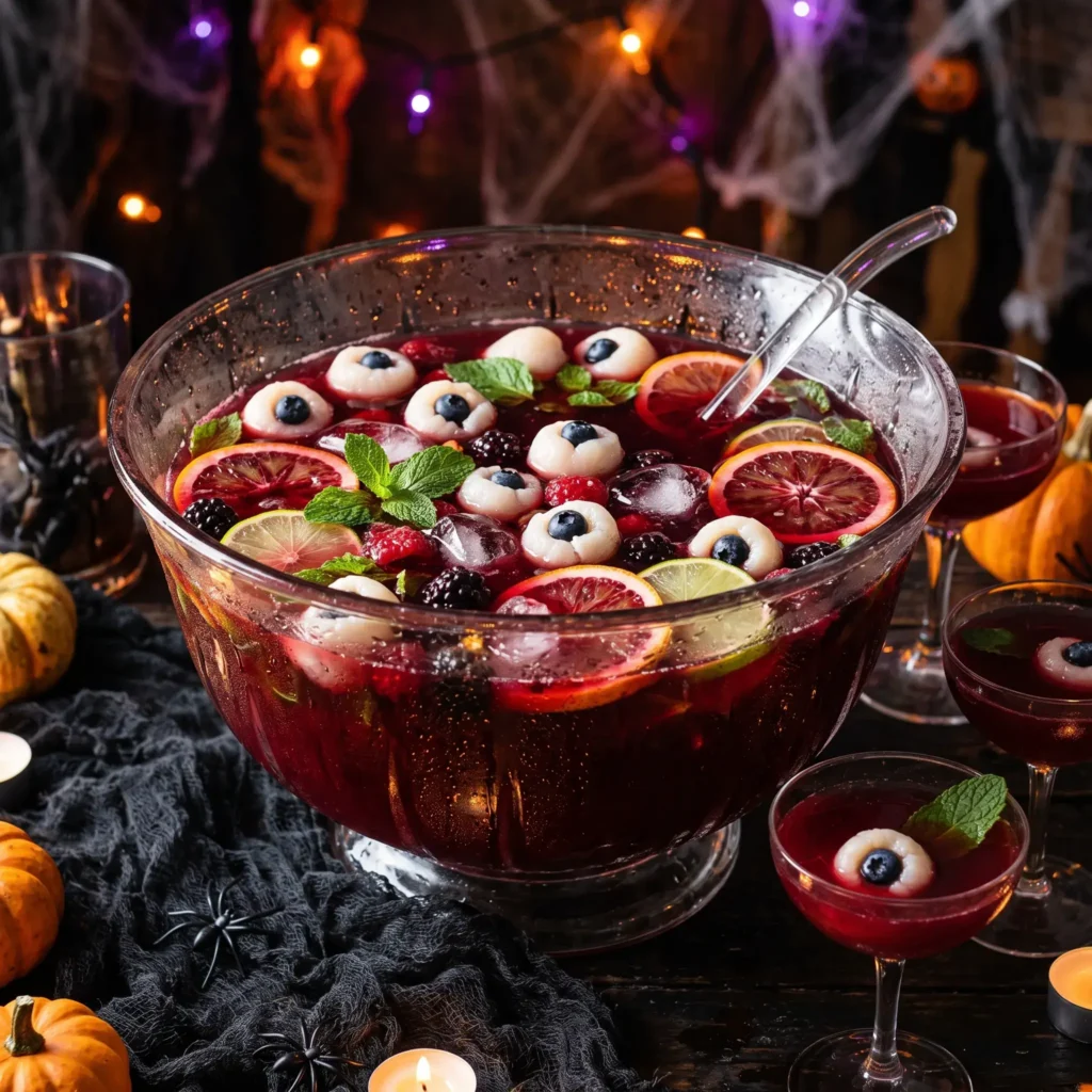 A bowl of dark red Halloween punch filled with floating frozen lychee and blueberry eyeballs.