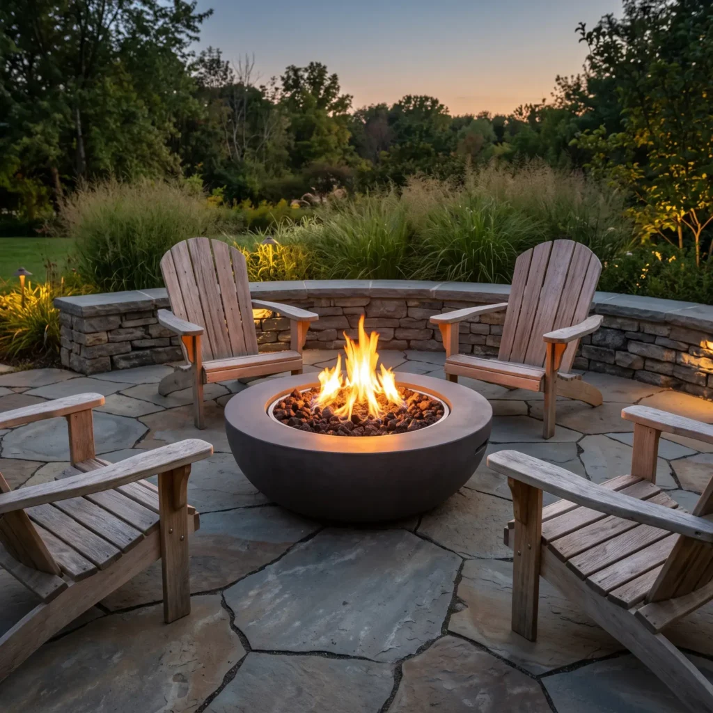 Bluestone flagstone patio with a round concrete gas fire pit and curved stone seat wall at dusk.