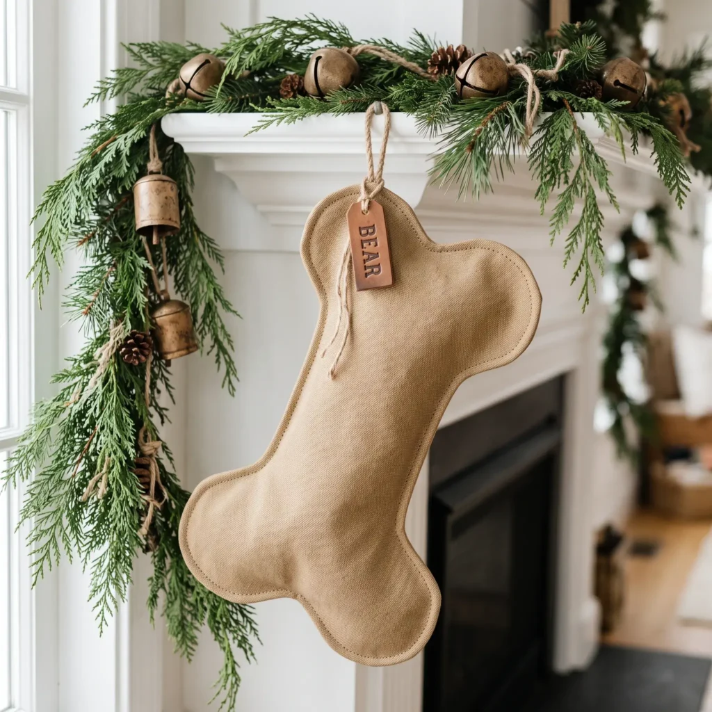 Tan duck canvas bone shaped dog holiday stocking with leather name tag on a mantel.