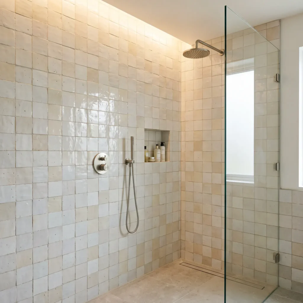 Handmade bone white Moroccan zellige tiles with natural glossy surface variations in a walk-in shower