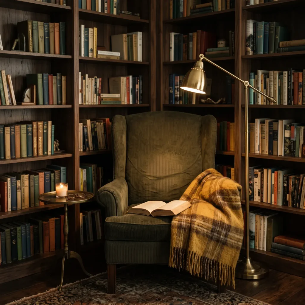 Deep reading alcove between floor-to-ceiling dark oak bookshelves with an emerald corduroy chair and brass pharmacy lamp.