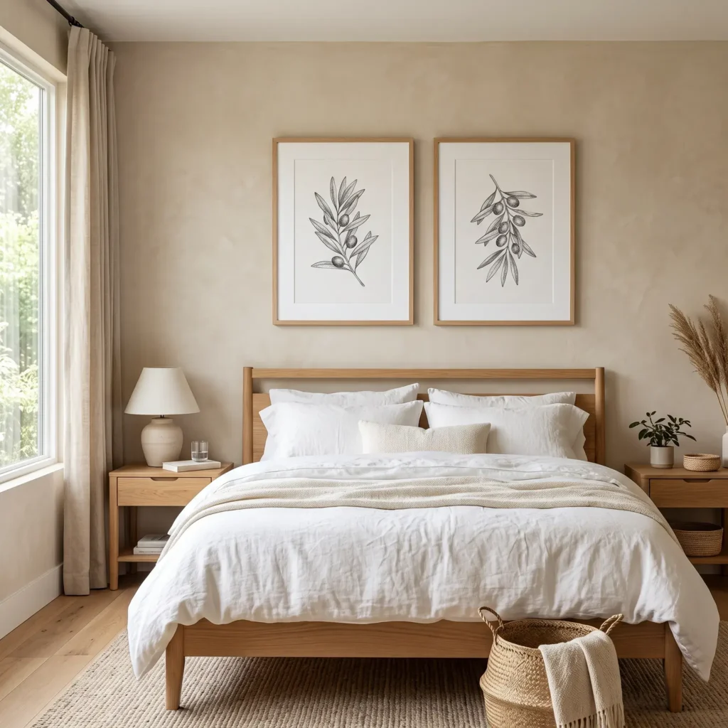 Pair of framed botanical sketches in natural oak frames centered above a Queen bed with beige linen bedding.