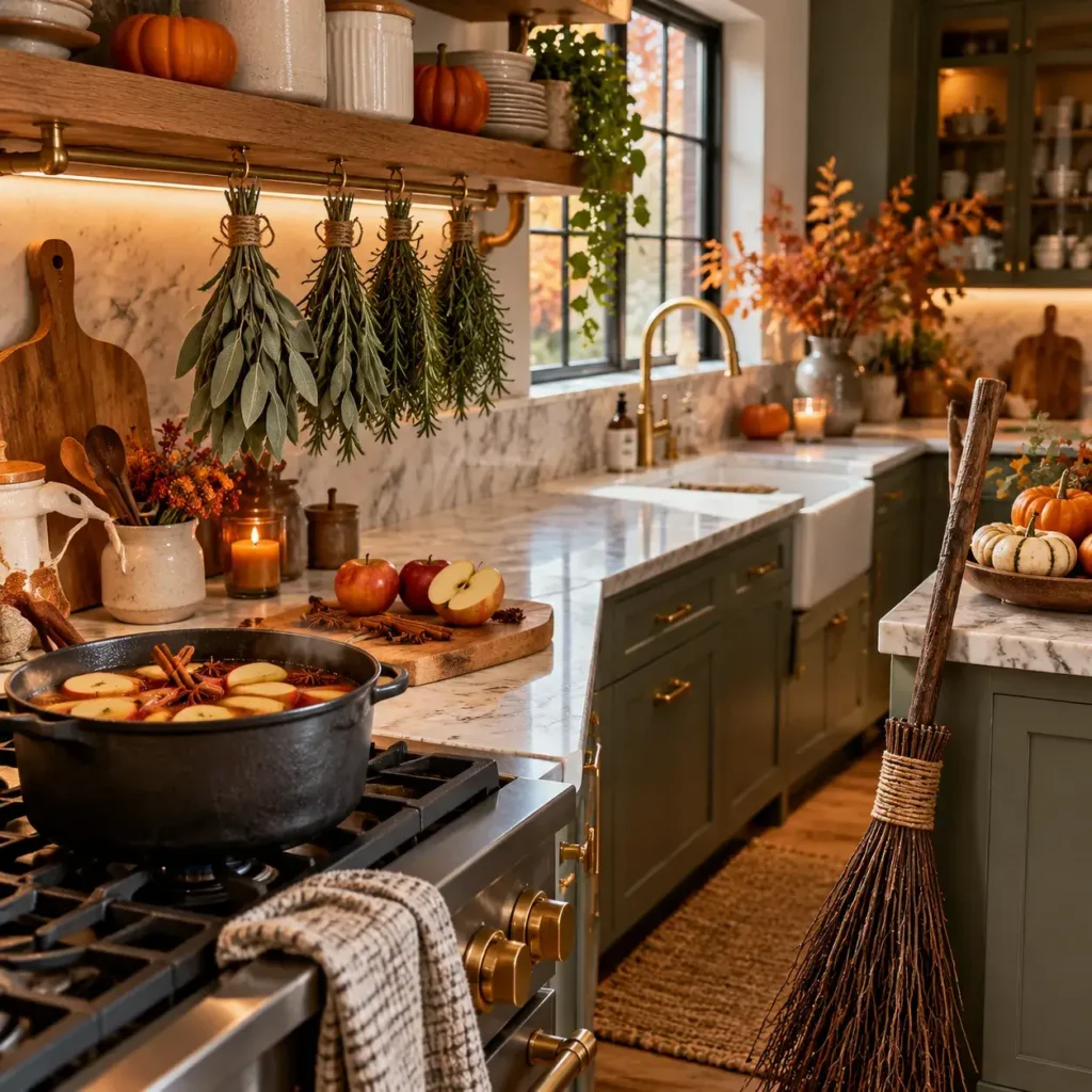 Rustic kitchen styled with drying herb bundles, terracotta pumpkins, and natural twig brooms for Halloween.