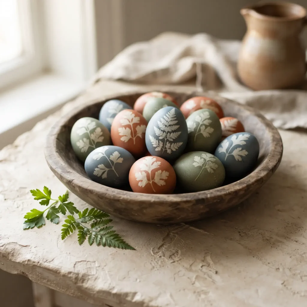Naturally dyed blue and terracotta Easter eggs showing white botanical leaf silhouettes resting in a carved wood bowl.