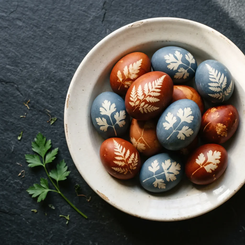 Naturally dyed Easter eggs with white botanical leaf silhouettes displayed in a ceramic bowl.