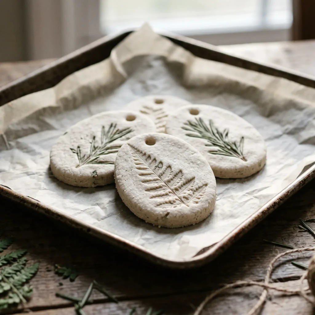 Botanical salt dough Easter egg ornaments with pressed fern leaf impressions on parchment paper.