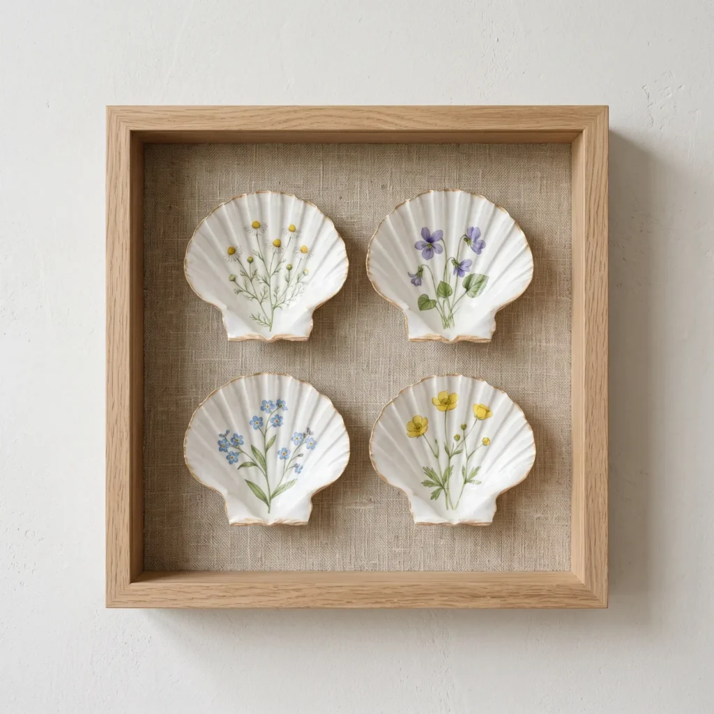 Framed oak shadow box displaying four decoupaged scallop shells with floral designs on natural linen.