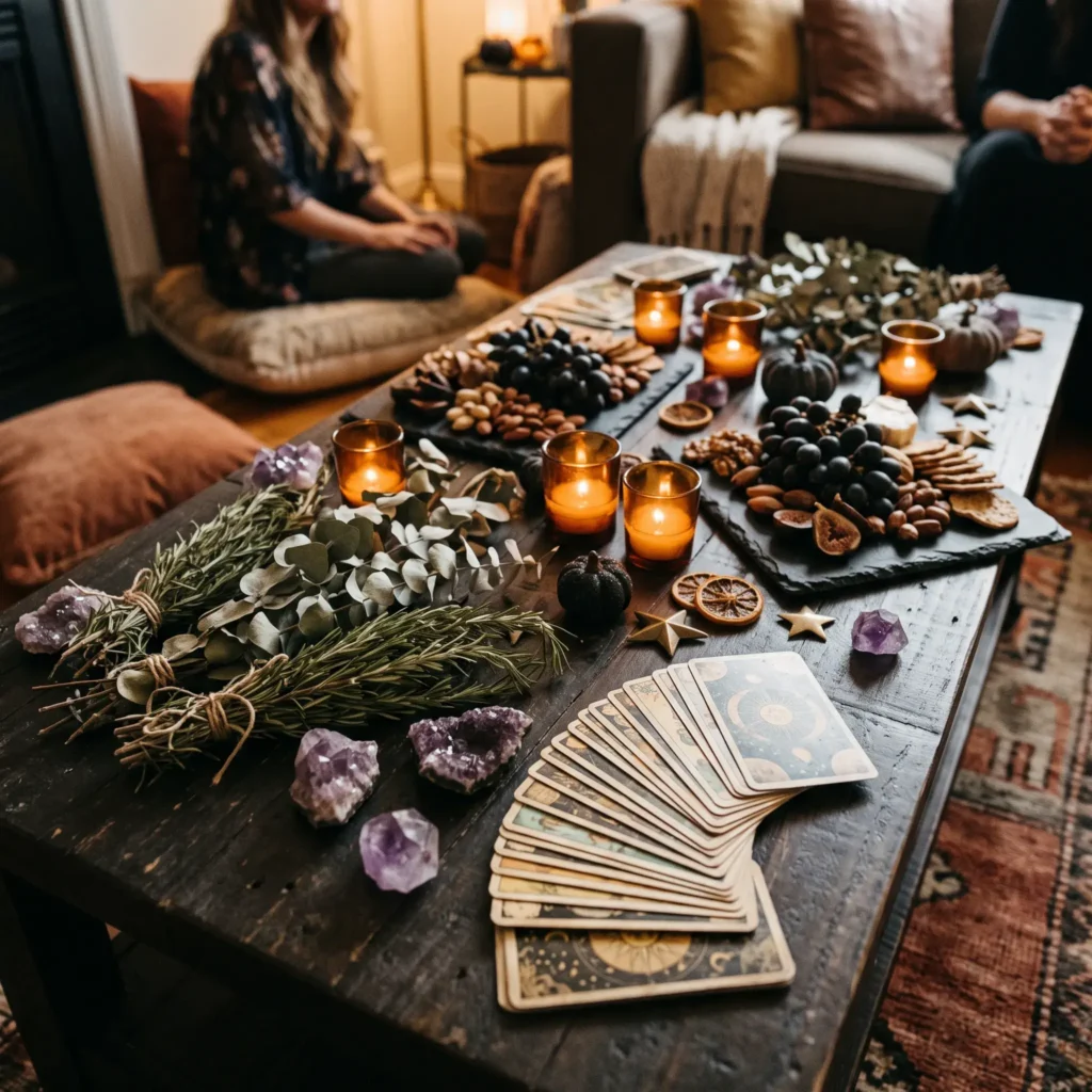 Botanical Halloween table layout with dried herbs, raw crystals, tarot cards, and amber votives.