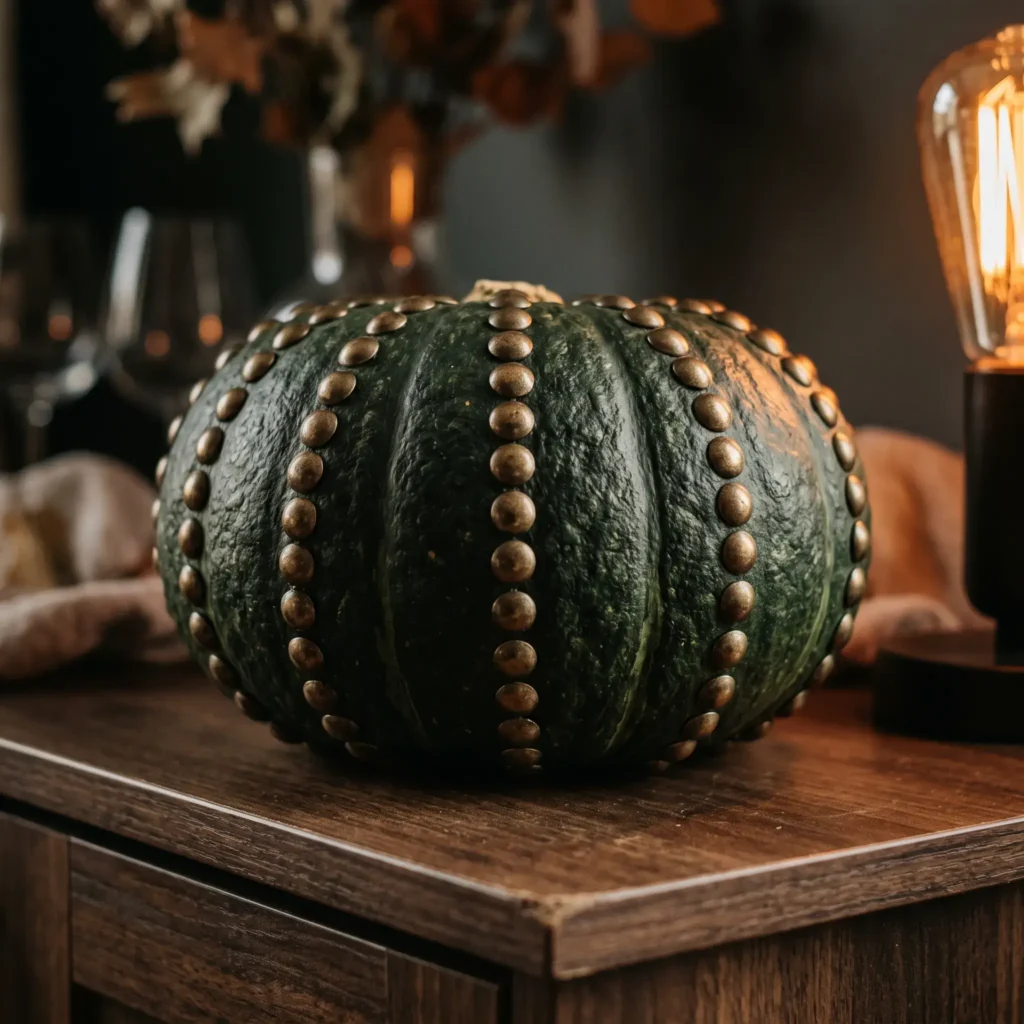Dark green Kabocha squash decorated with neat rows of antique brass upholstery tacks.