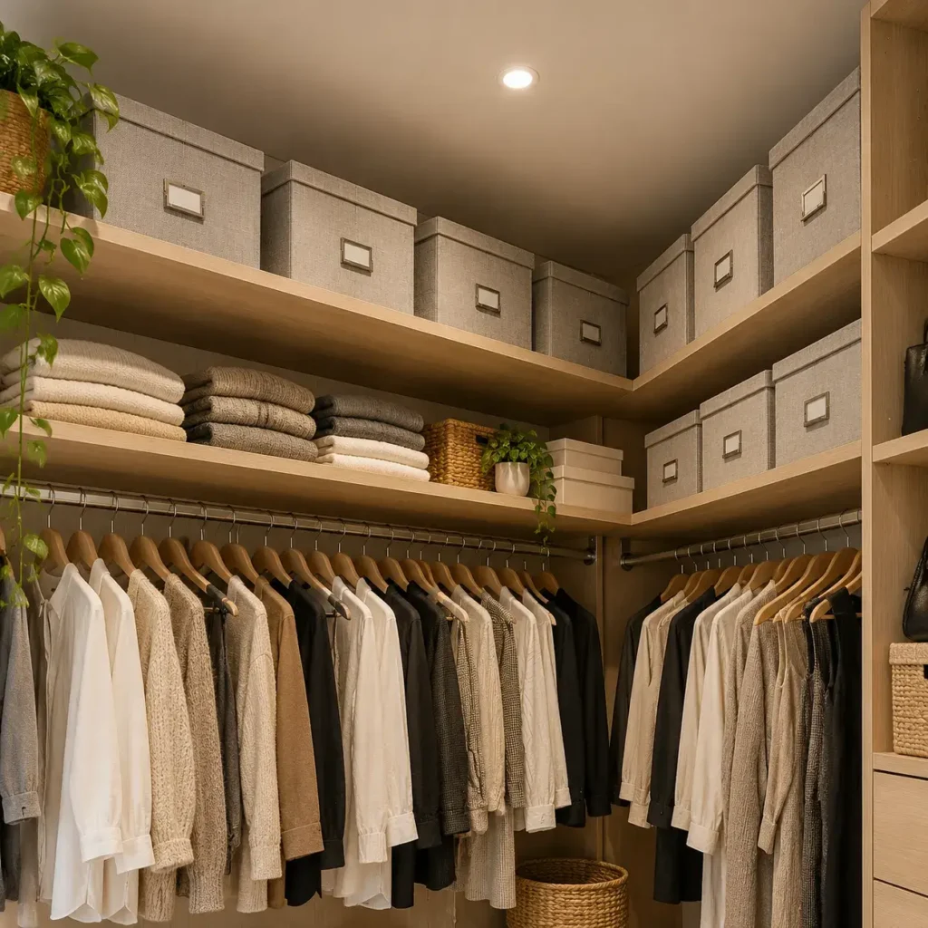 Gray linen storage bins with metal label plates resting on the top shelf of a closet.