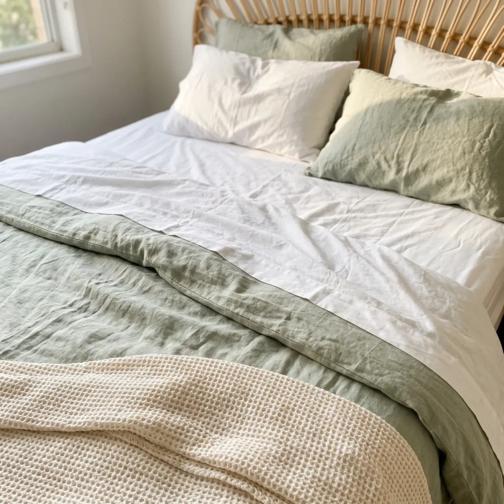 Layered summer bed with white cotton percale sheets, a pale sage linen coverlet, and a waffle blanket.