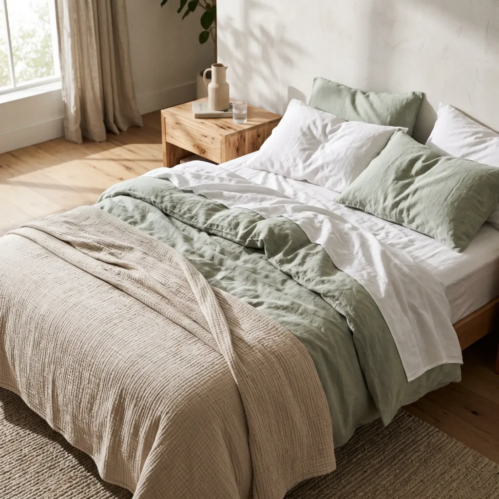 Primary bedroom bed dressed in sage green linen duvet, crisp white percale sheets, and folded sand coverlet.