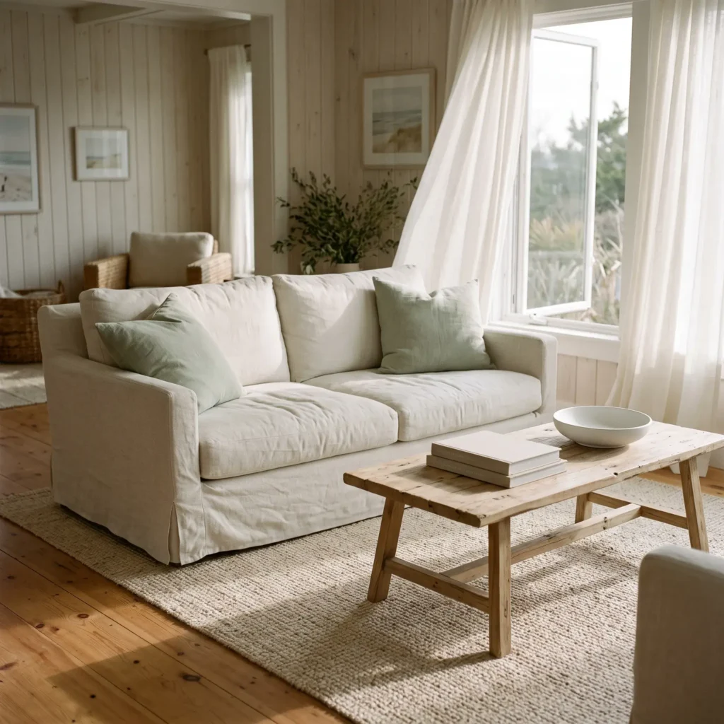 Living room with washed linen sofa slipcover, bleached sisal rug, and open coffee table styling under sheer linen curtains.