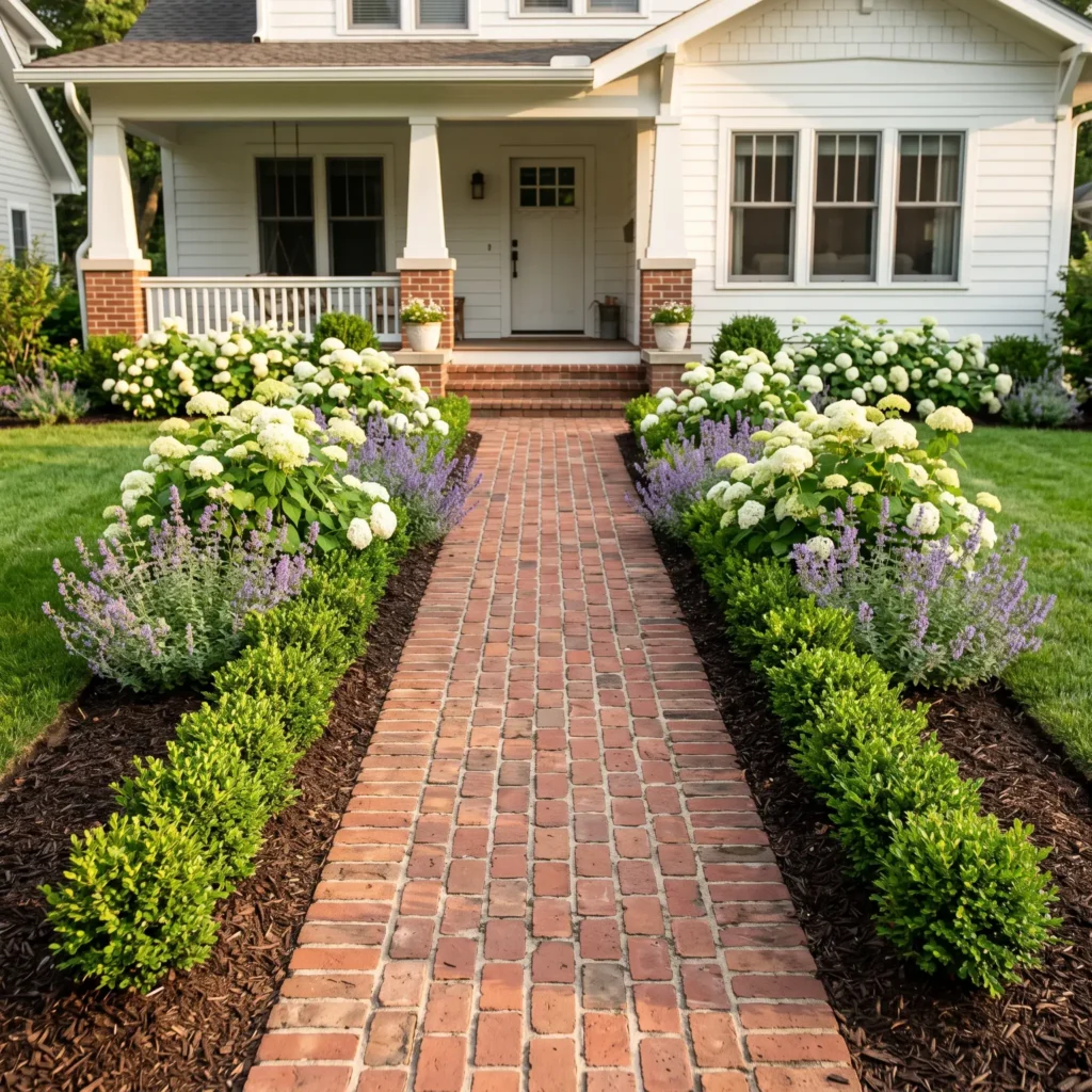 Classic craftsman front yard with a curved red brick walkway bordered by neat boxwood hedges, white hydrangeas, and purple catmint.