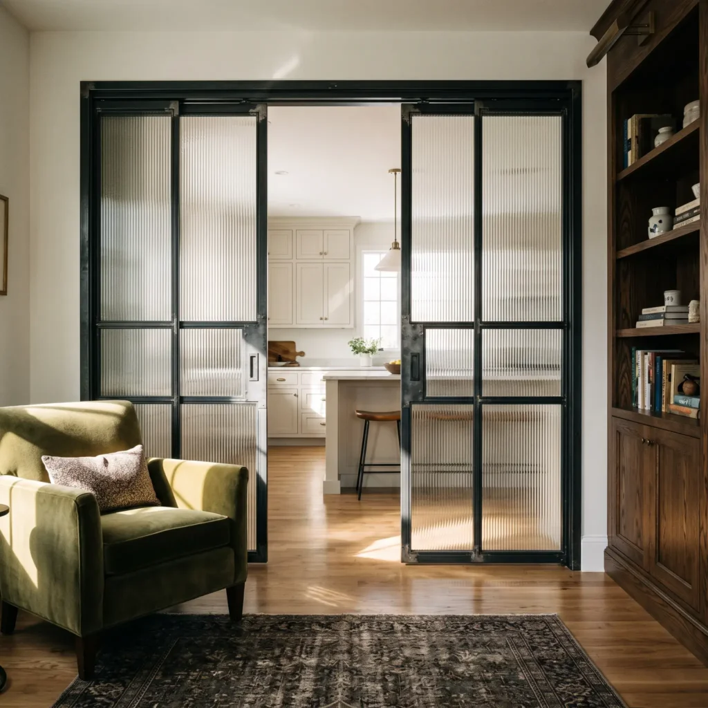 Steel-framed reeded glass pocket doors separating a modern kitchen from an adjoining sitting room.