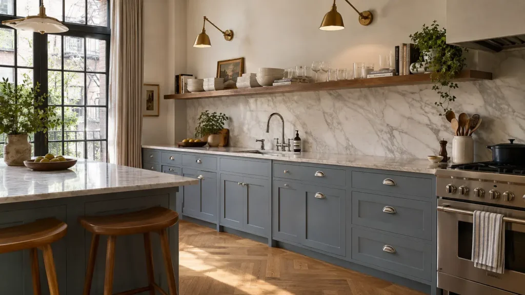  Brooklyn brownstone kitchen featuring dusty blue-gray lower cabinets, a marble slab backsplash, and a long walnut floating shelf.