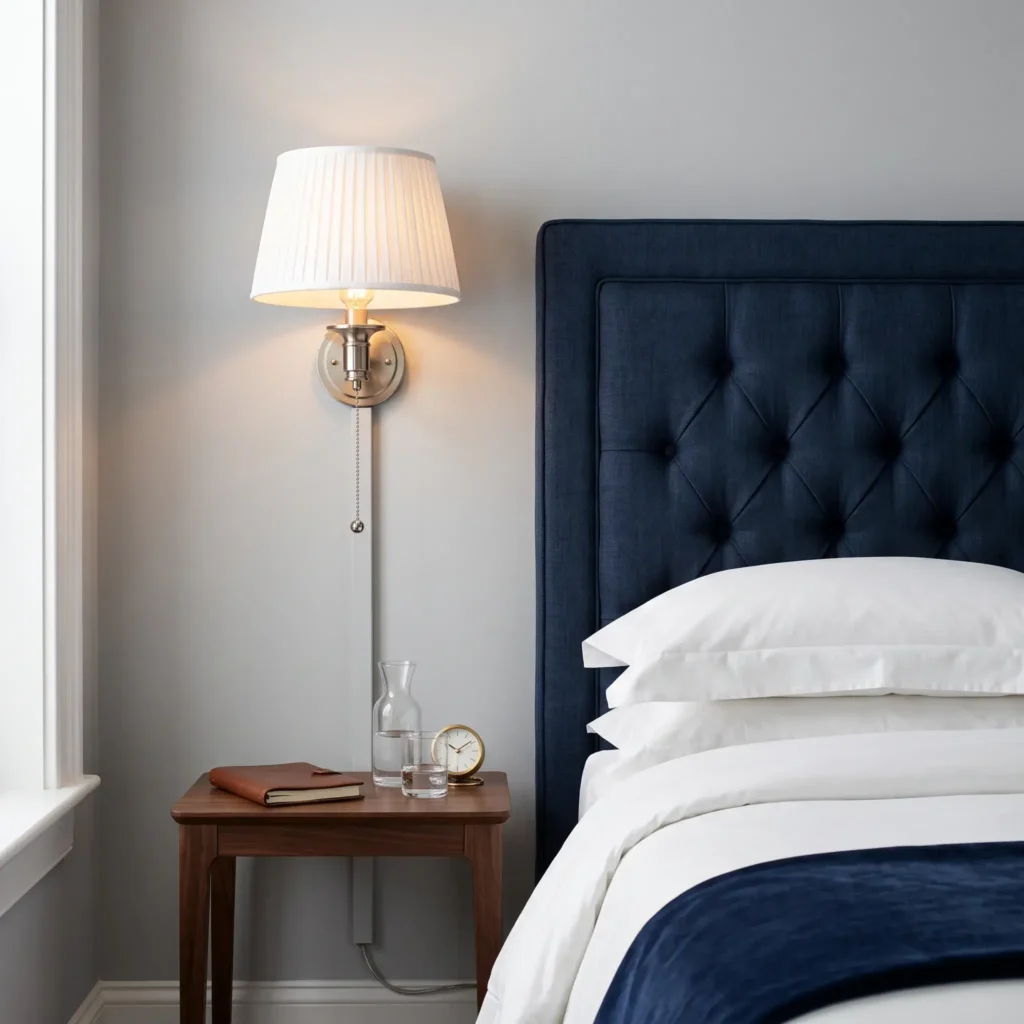 Brushed nickel plug-in sconce with white pleated shade and pull chain beside a navy headboard.