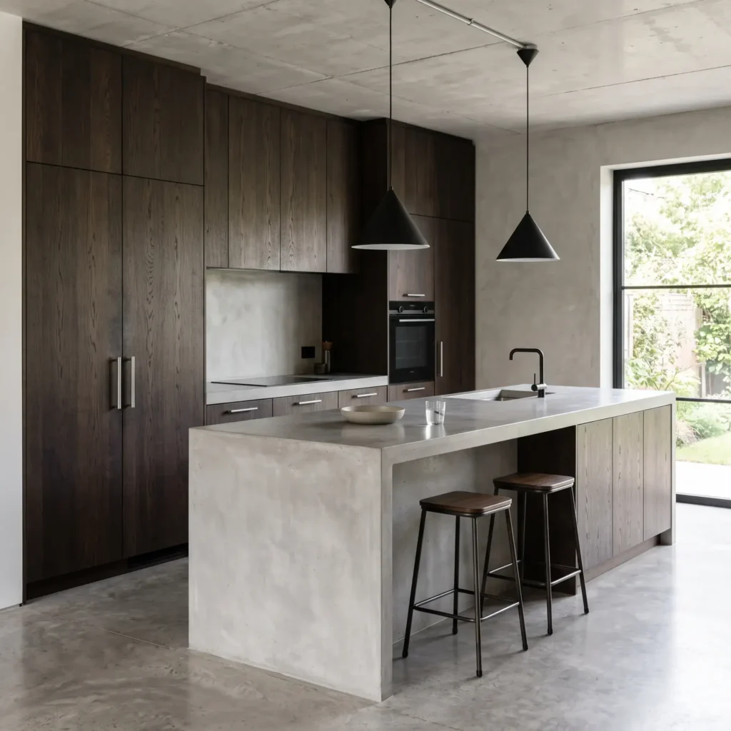 Minimalist modern kitchen with flat-panel wood cabinets, brushed stainless steel knurled handles, and two matte black cone pendants.