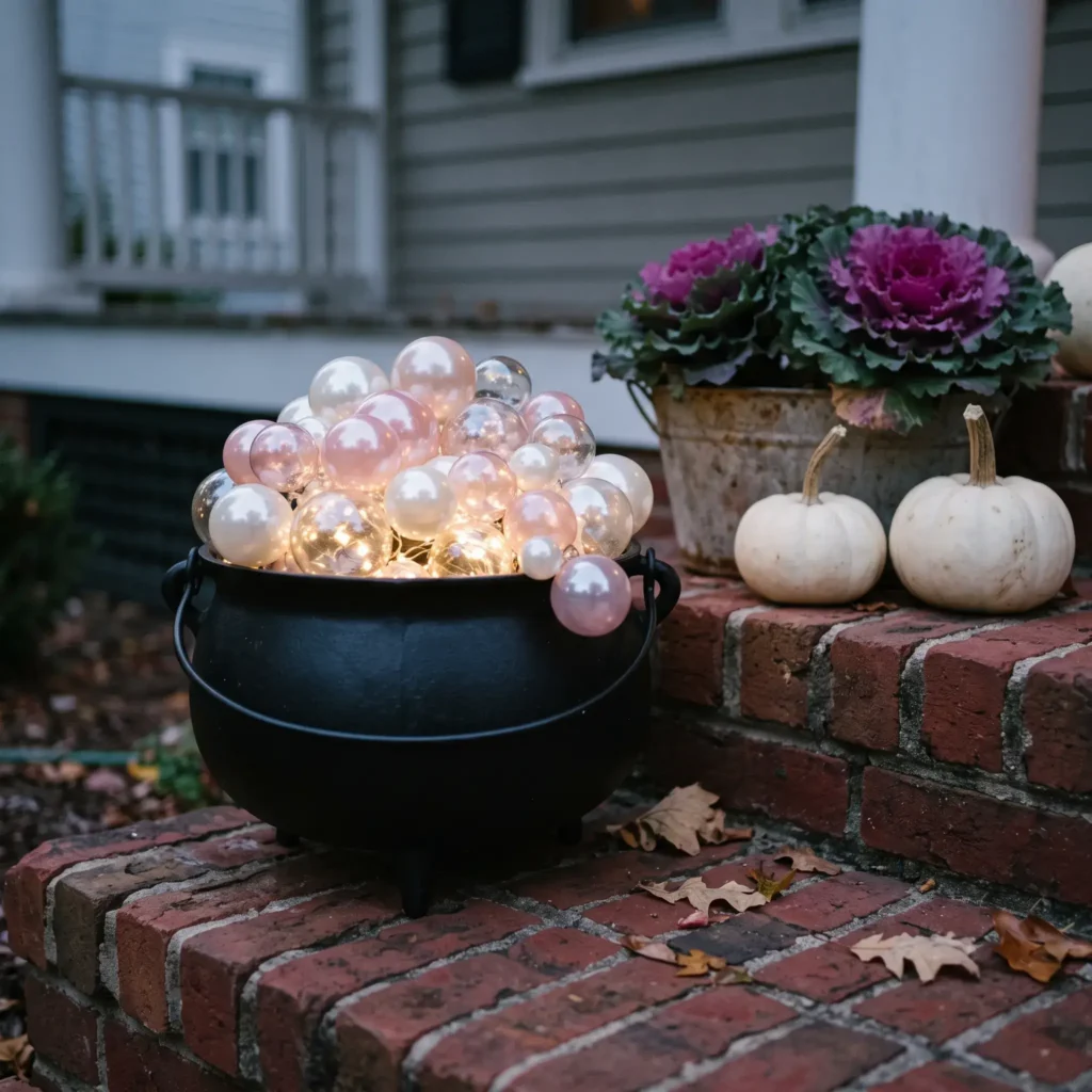 Black plastic cauldron overflowing with warm glowing pearl and pink bubble ornaments on a porch.