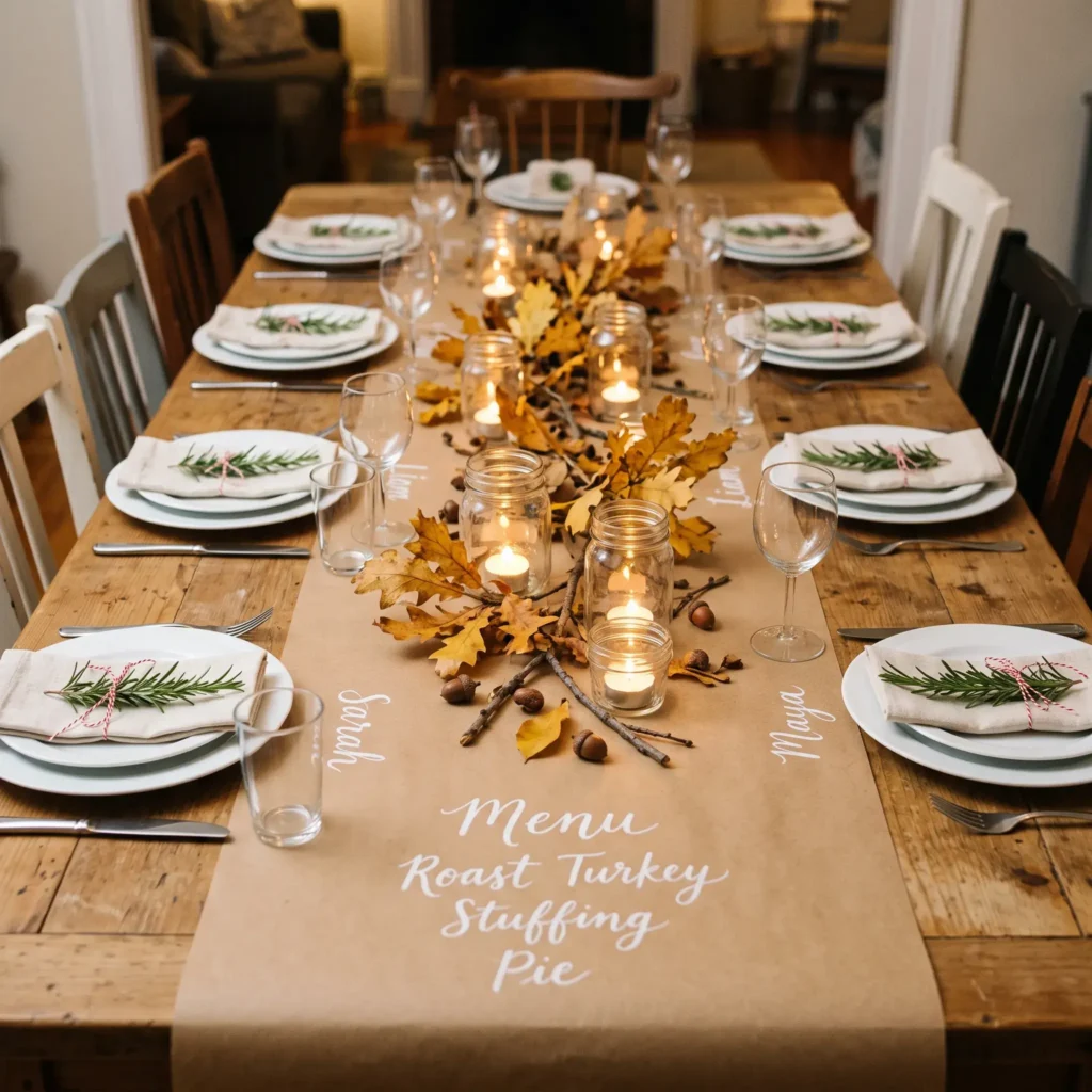 Budget-friendly Thanksgiving table with brown kraft paper runner, handwritten calligraphy, fresh rosemary sprigs, and foraged branches.