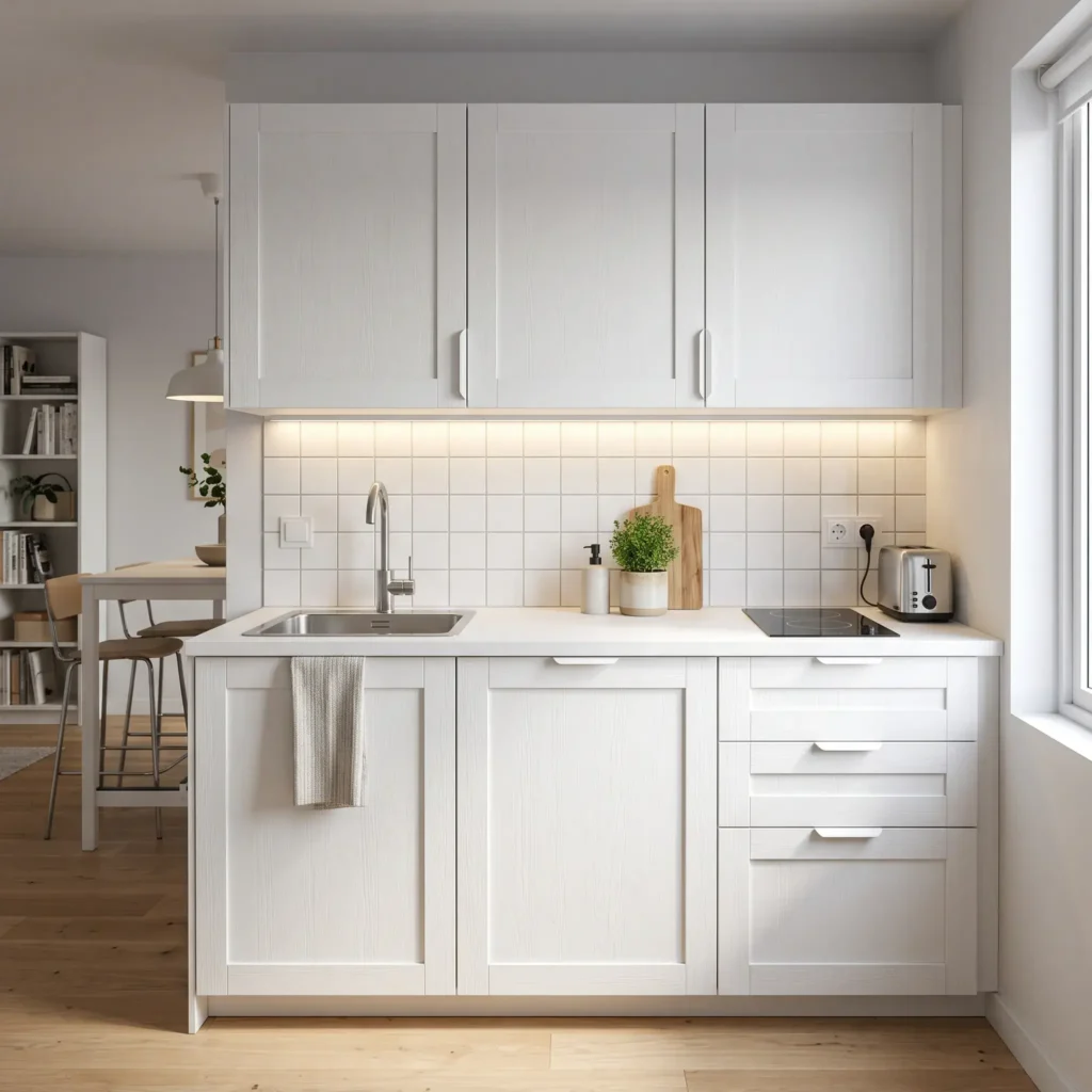 Affordable modern kitchen using durable IKEA ENKÖPING white foil shaker cabinets with built-in appliances.