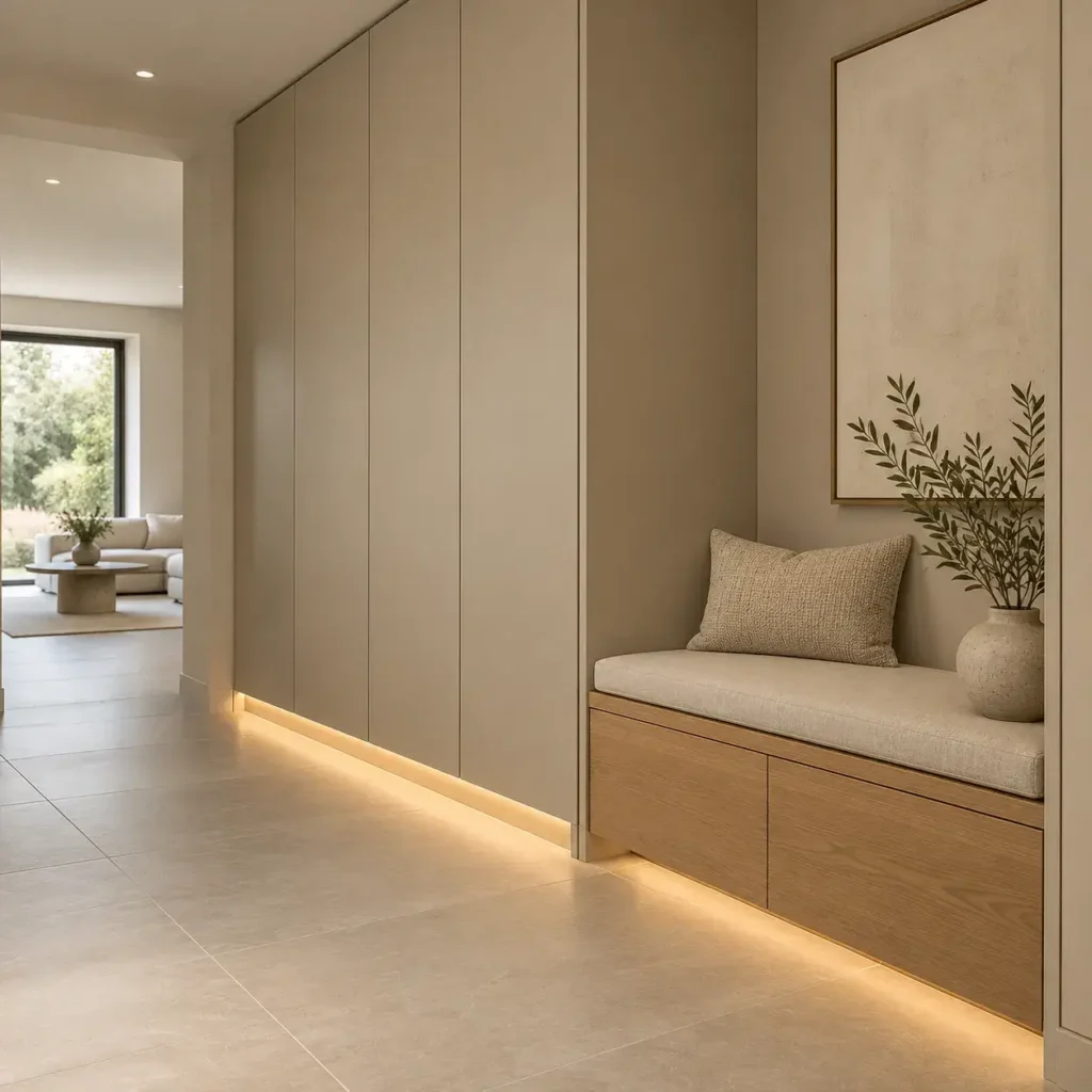Modern entrance hall with seamless floor-to-ceiling built-in storage cabinets and a low oak shoe bench.