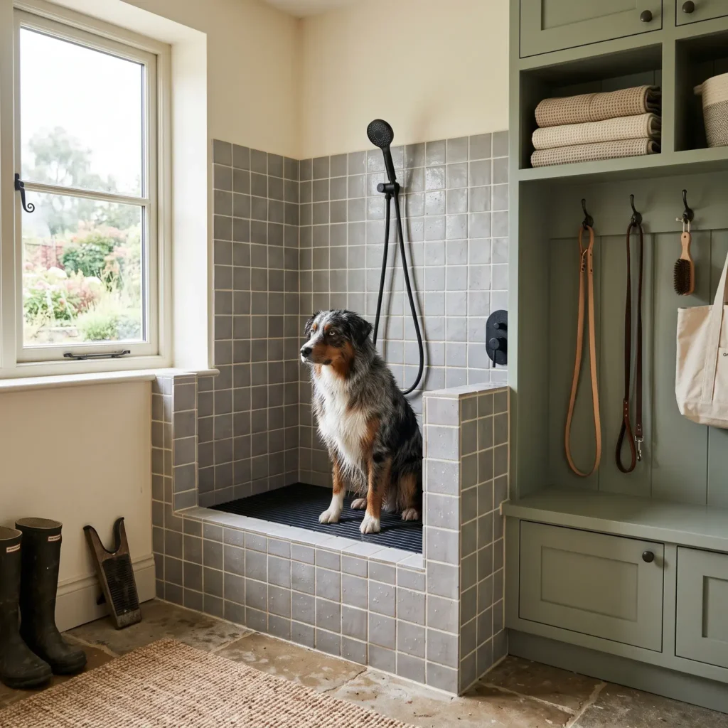 Built-in dog washing shower basin with matte black fixtures in a modern mudroom.