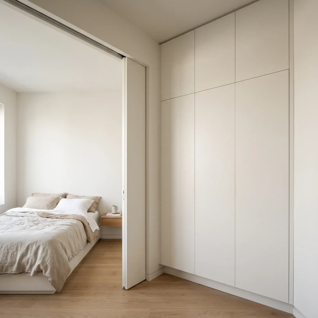 Built-in floor-to-ceiling wardrobe with flush doors and sliding pocket door maximizing small bedroom floor space.